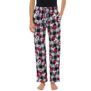 New Womens Disney Minnie Mouse Pajama Pants Loungewear Plaid Red Black Disney